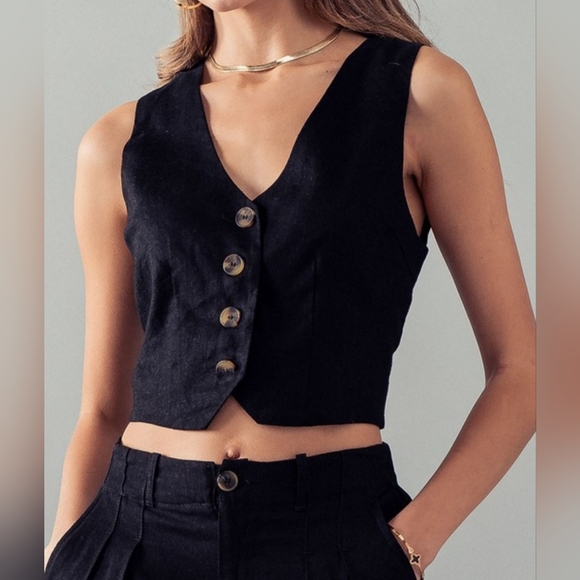 #390 SALE 🛑S,L Boho BLACK Linen Button Down Vest - Picture 3 of 12